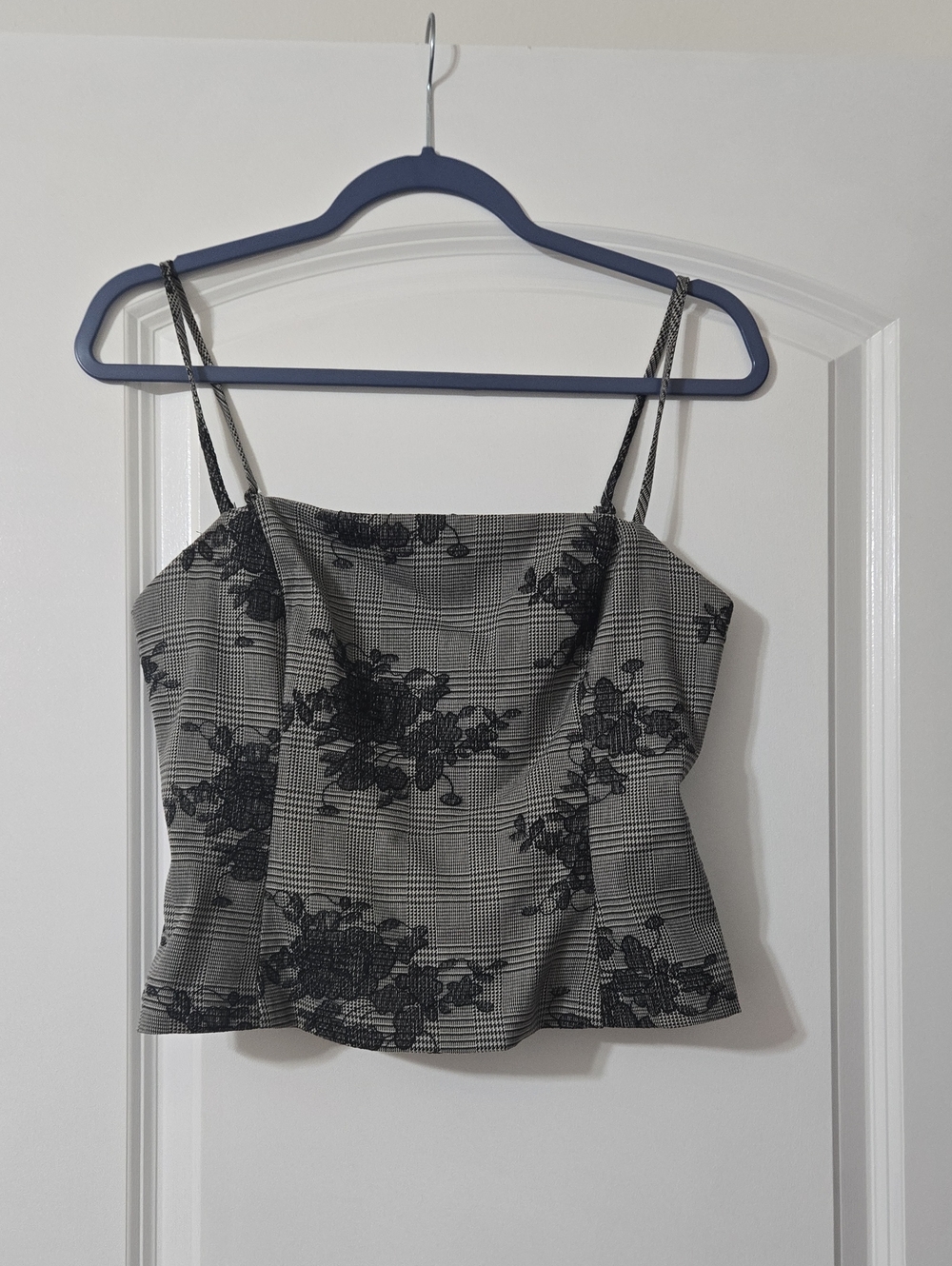 Plaid Cami Tank with Black Floral Lace Overlay Medium